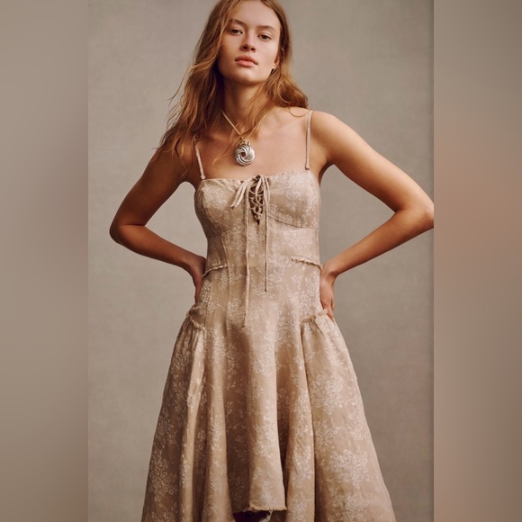 NEW NWT Anthropologie Corset Seamed Mini Cotton Linen Beige Flower Floral Dress - Picture 3 of 12